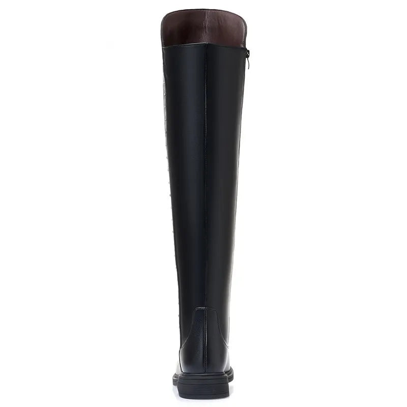 Women Over The Knee Boots Winter Natural Wool Warm Genuine Leather Ladies Knee Boots Large Size Non-slip Snow Boots Women
