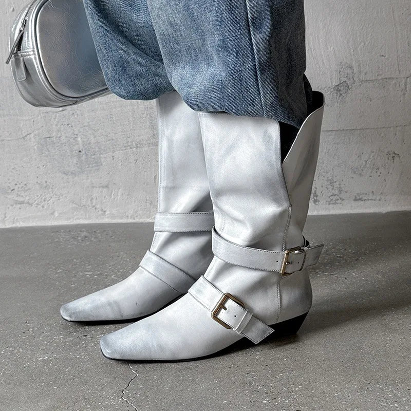 Arden Furtado Autumn Belt buckle cowhide Mid-Calf boots Square toe pull-on Middle heel Modern boots Large size Women's Boots