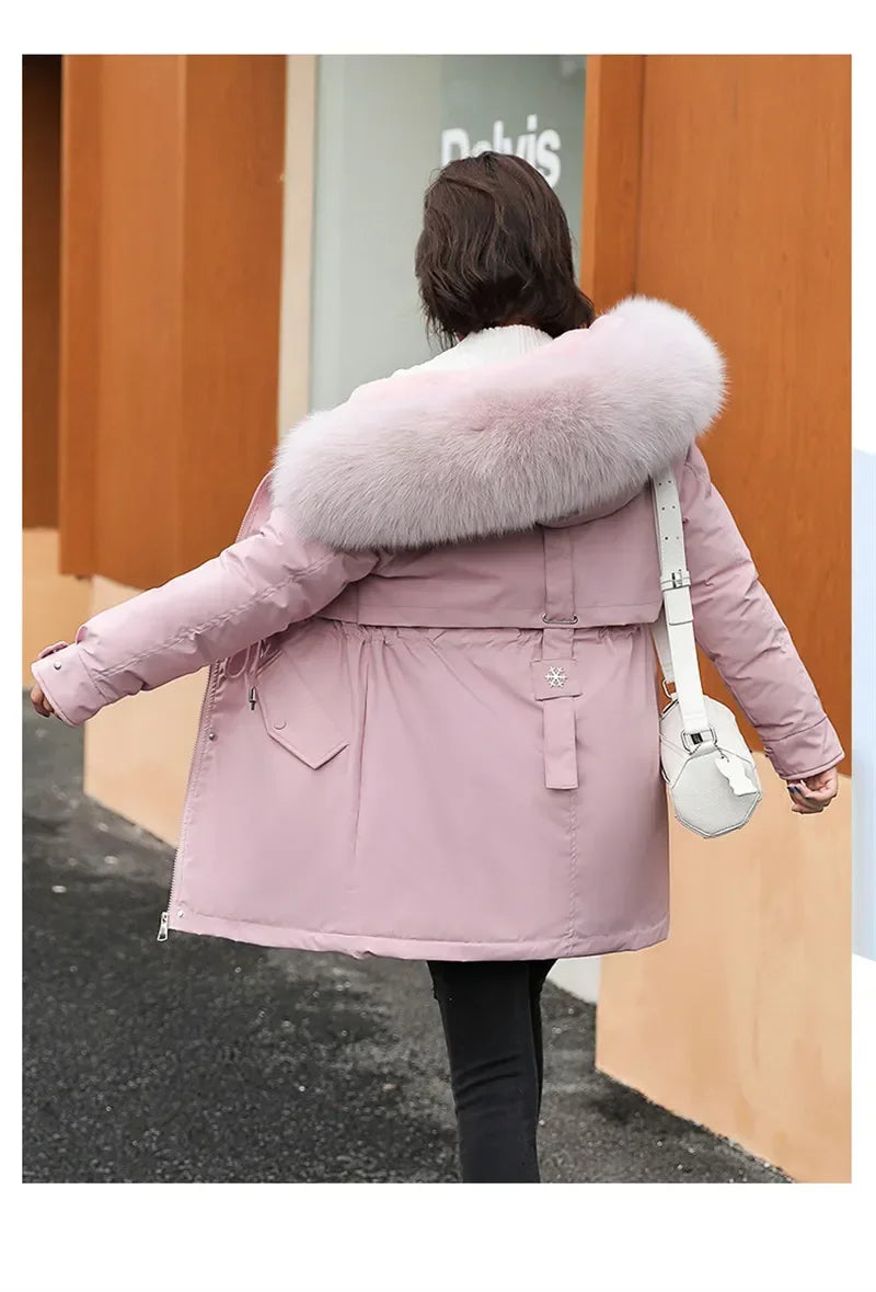Winter Coat Low Price On Sale Women Beige Add Wool Thick Warmth Fur Hooded Parkas Jacket 2026 New Fashion Belt Slim Cotton Coat