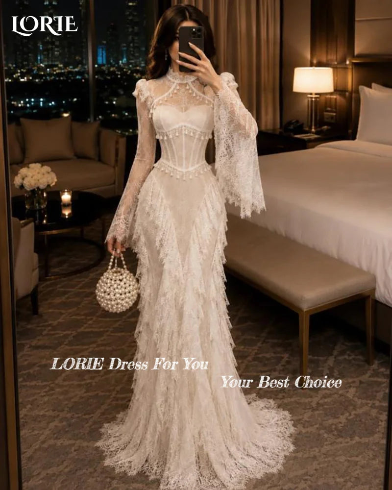 LORIE Lace Mermaid Wedding Dresses for Women Long Sleeve High Neck Bridal Gown Mermaid Bride Dress Customized Formal Club Dress