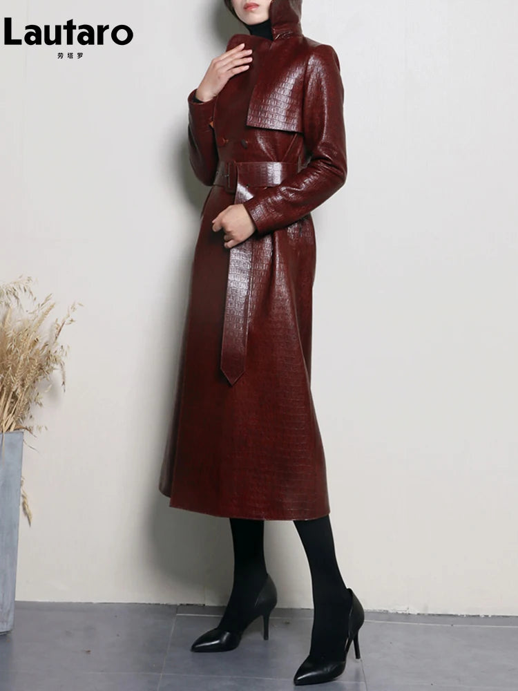 Lautaro Autumn Long Shiny Reflective Patent Faux Leather Trench Coat for Women Belt Double Breasted Luxury Designer Clothes 2023