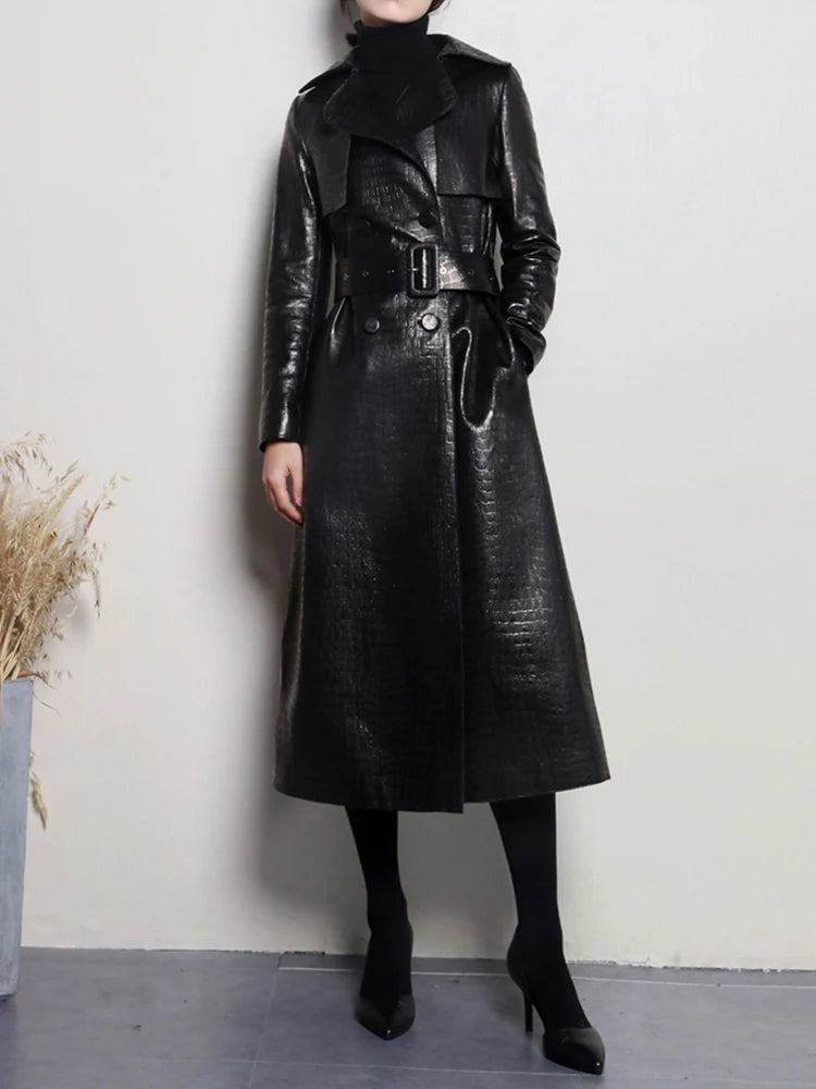 Lautaro Autumn Long Shiny Reflective Patent Faux Leather Trench Coat for Women Belt Double Breasted Luxury Designer Clothes 2023