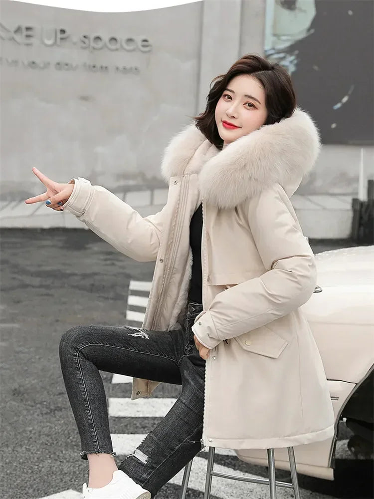 Winter Coat Low Price On Sale Women Beige Add Wool Thick Warmth Fur Hooded Parkas Jacket 2026 New Fashion Belt Slim Cotton Coat