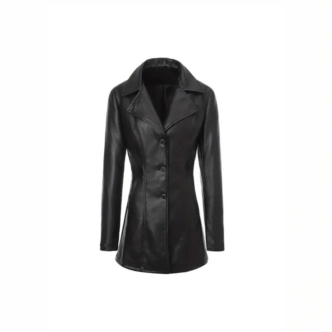 Street PU Leather Women Jacket Black Long Sleeve Button Pocket Turn-down Collar Female Coat 2026 Autumn Winter Lady Outwear