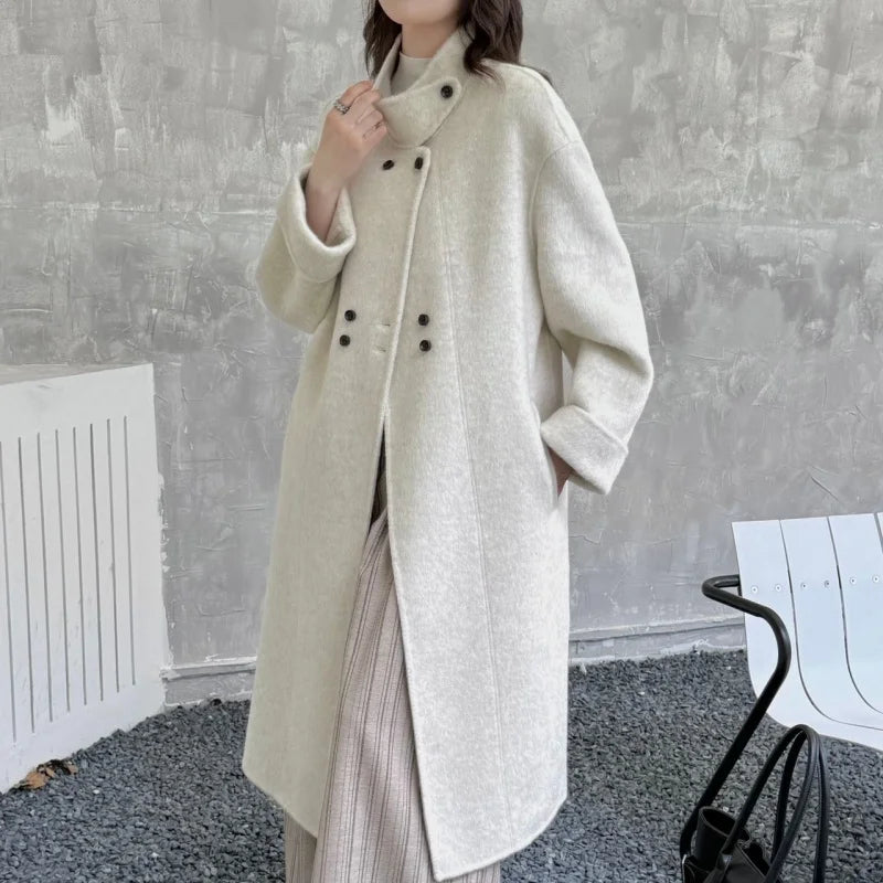 Ladies' 100% wool coat, high-end slimming stand up collar, double breasted loose long woolen coat, autumn and winter bestseller