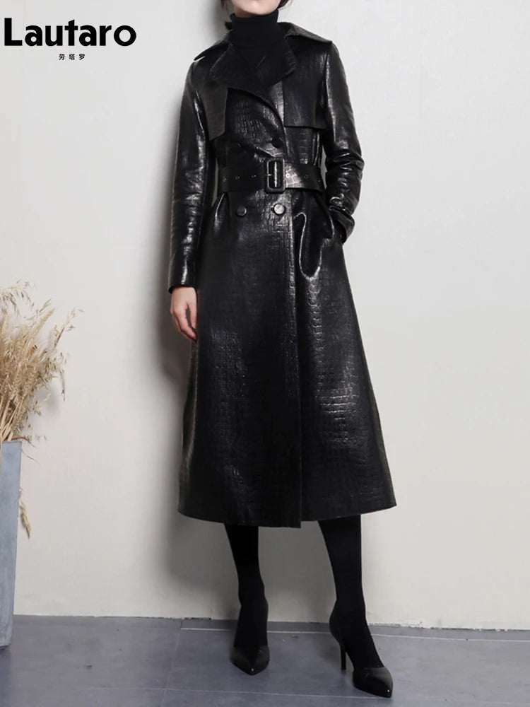 Lautaro Autumn Long Shiny Reflective Patent Faux Leather Trench Coat for Women Belt Double Breasted Luxury Designer Clothes 2023