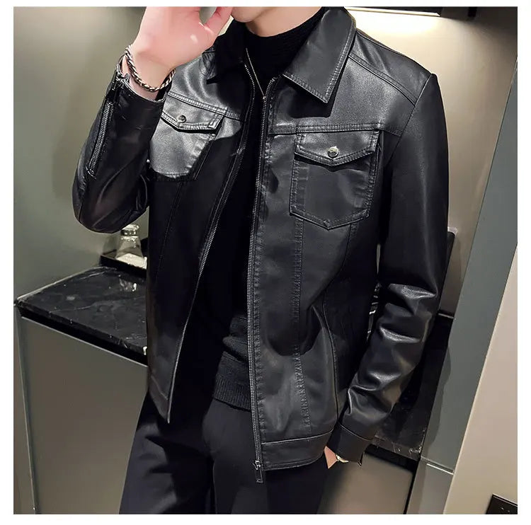Autumn and Winter Classic Men's Leather Jacket Lapel Fashion Trend Locomotive Clothes Fleece Thermal Jacket Men