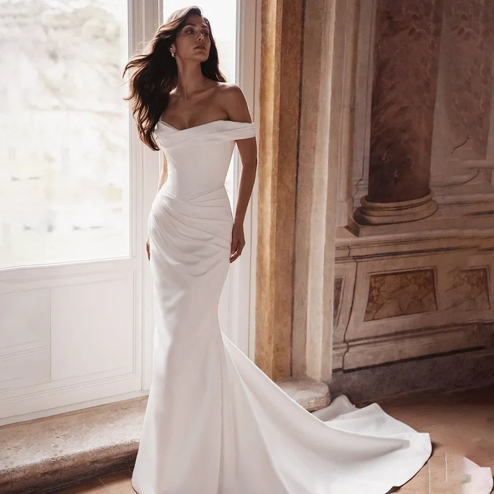 Customized Elegant Luxury Wedding Dress Off Shoulder Sweetheart Sleeveless Neck Ruched Satin Mermaid Back Bow Bridal Gown 2026