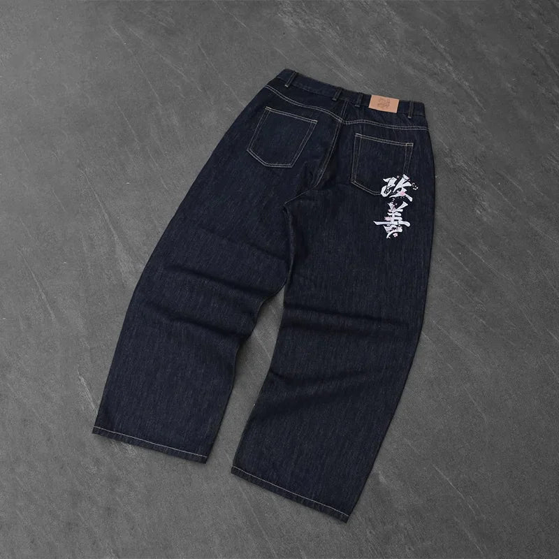 Y2K jeans high quality embroidery pattern wide leg pants Hiphop Harajuku men women denim fabric American style street wear Pants