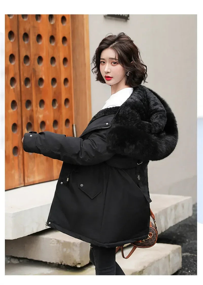 Winter Coat Low Price On Sale Women Beige Add Wool Thick Warmth Fur Hooded Parkas Jacket 2026 New Fashion Belt Slim Cotton Coat