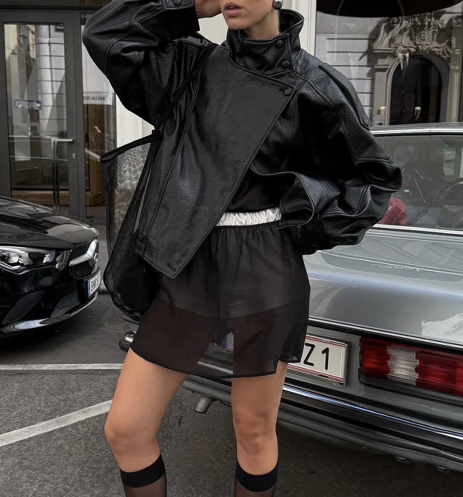 Women's Edgy Oversized Faux Leather Moto Jacket High Collar Asymmetric Zip Biker Coat