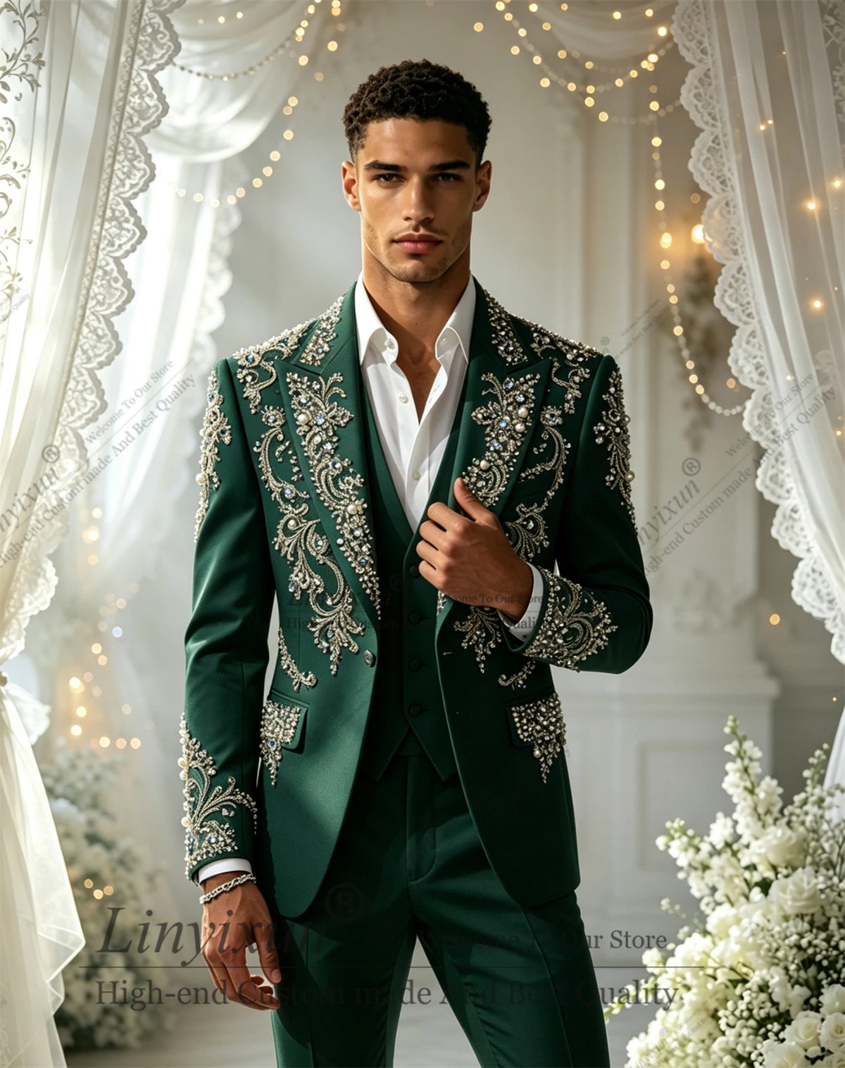 Elegant Diamond  Men Suits Set 3 Pcs Blazer Pants Trousers Luxury Wedding Tuxedo Formal Business Groom Coat Customized
