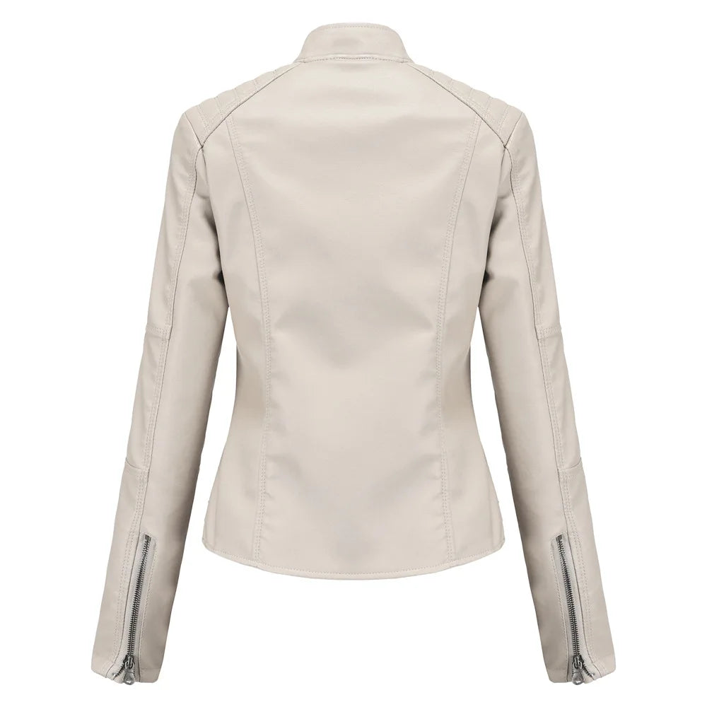 Women's Leather Jacket Women's Slim-Fit Jacket Thin Autumn Jacket Women's Biker Jacket Large Size Standing Collar Leather Jacket