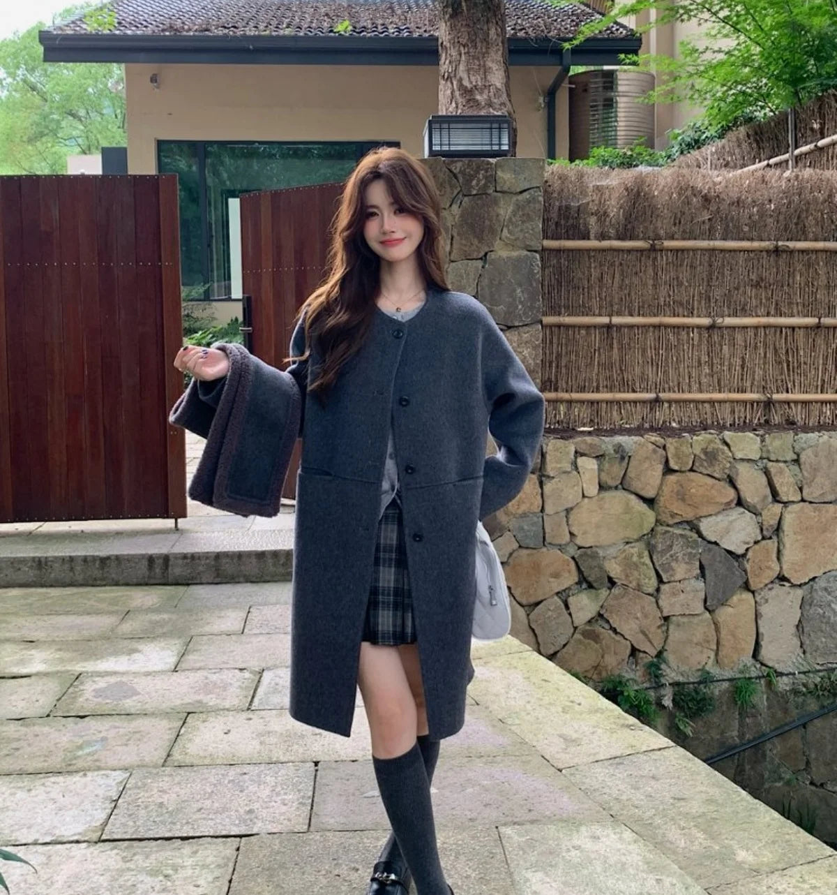 Autumn and winter hot fashion round neck scarves, medium to long styles, small women's double-sided wool coats with temperament,