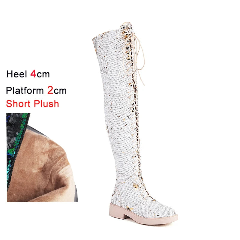 Lowheel Boots For Women Autumn Winter Thick Heels Over-knee-high Boots Shiny Sequined Club Dance Shoes Lace Up Thigh High Boots