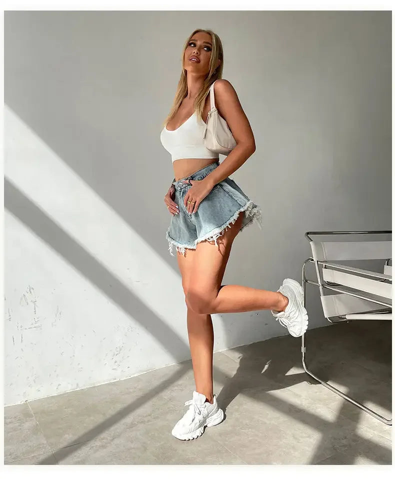 Wide Leg Shorts Women Y2k Denim Frayed Sexy Girls High Waist Hotsweet All-match Vintage Fashion Pockets European Style Females