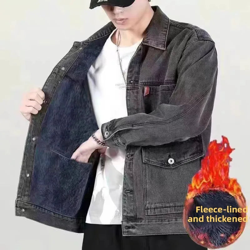 Men's Denim Jacket with Added Insulation and Thickening for Winter, Lamb Fur Lining, Durable Work Collar, Casual Jacket