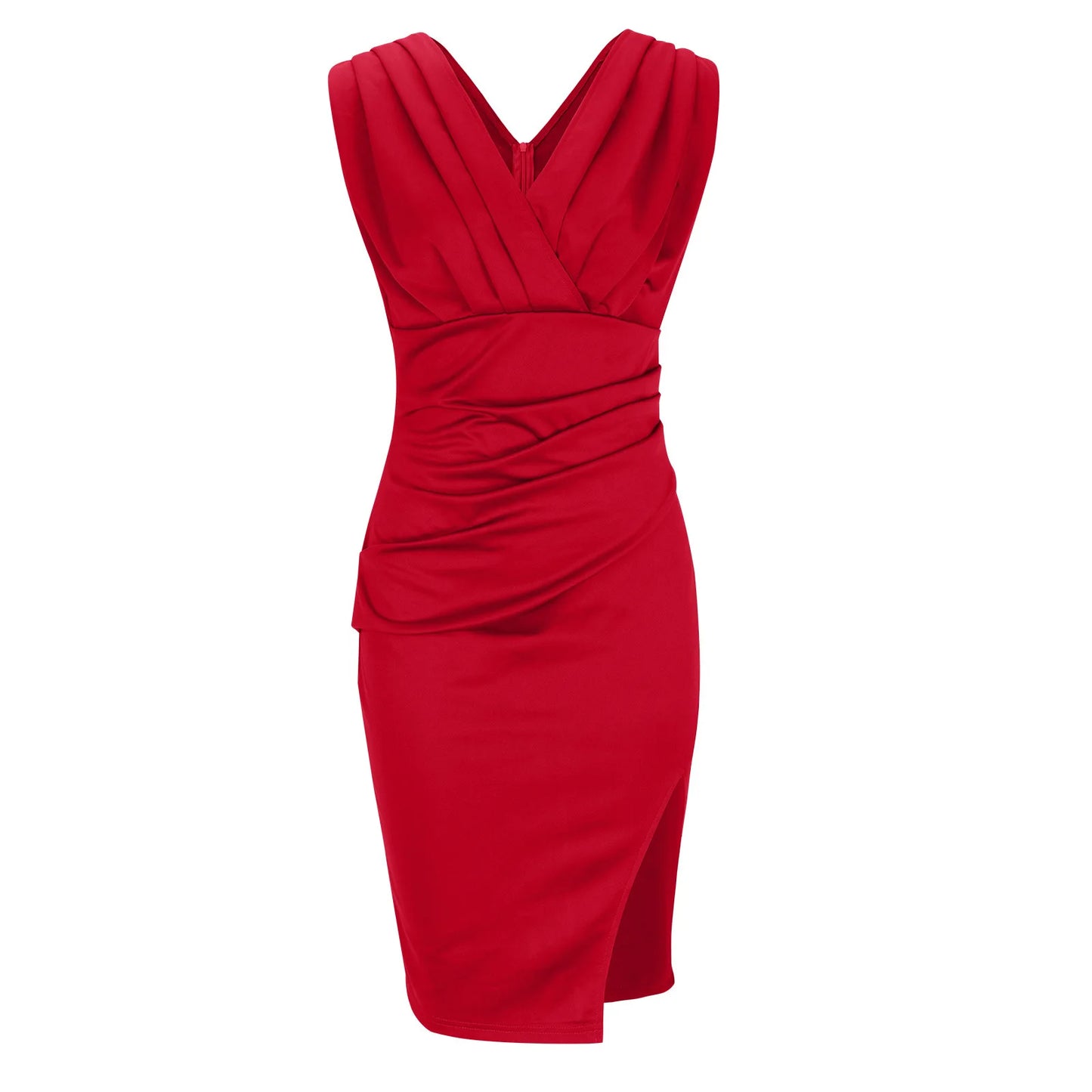 Summer Elegant Women Sexy Casual Sleeveless Office Mini Dress Fashion Solid Color V-neck High Waist Tight Side Split Dresses