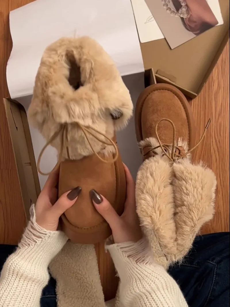 Retro fur integrated warm snow boots for women in winter 2025, new thick soled and plush thick anti slip cotton shoes