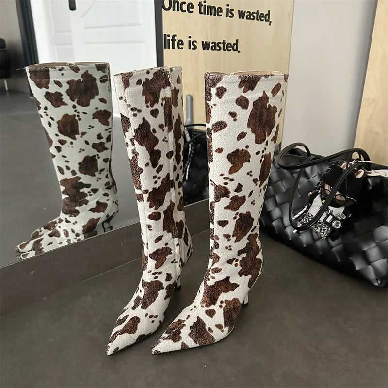 ZAROY Stiletto Heel Knee High Boots Brand Designer Brown Cow Print Pointed Toe Zipper Runway Banquet Dress High Botas сапоги
