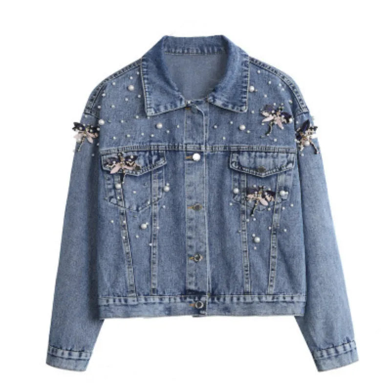 Women Denim Coat Single Breasted Turn Down Collar Distressed Dragonfly Beaded Jackets Vintage Washed Outerwear Streetwear