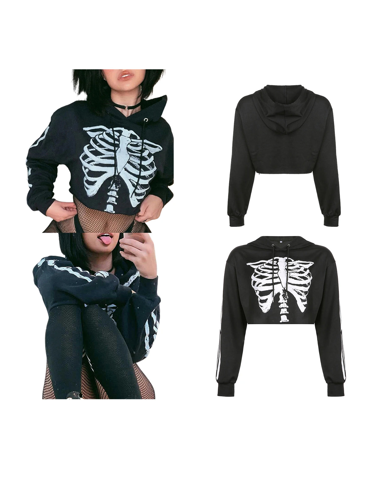 Halloween Women Skeleton Print Cropped Hoodies Long Sleeve Drawstring Casual Sweatshirts with Hat 2024 New Fashion Streetwear