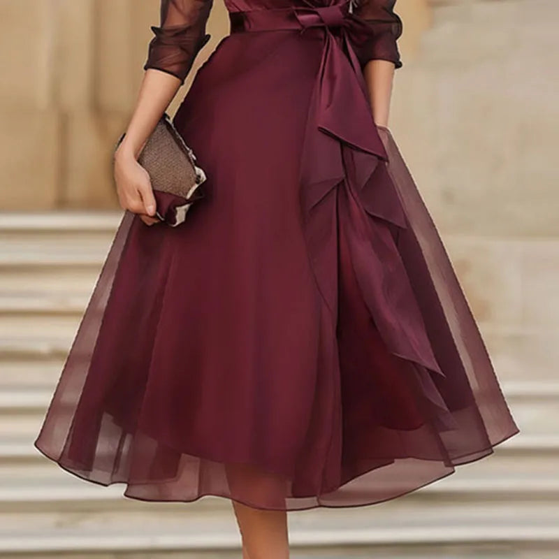 Elegant Lapel Ruffle Mesh Party Dress Woman Spring Solid High Waist Bowknot Flowy Maxi Dress Summer Sheer Sleeve Sexy Boho Dress