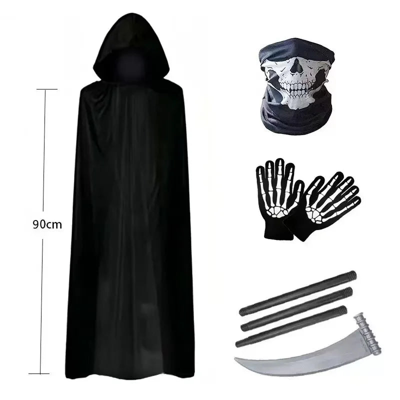 2026 Terror Stitch Halloween Party Cosplay boy Adult Death Black Cloak, Halloween Death Skull Skeleton Ball Costume Prop Set