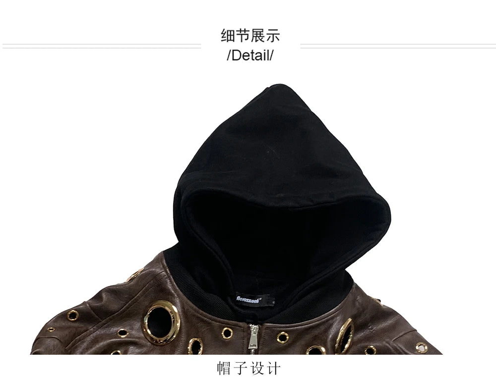 Nerazzurri Autumn Oversized Hollow Out Gold Pu Leather Jacket Men with Hood Hole Luxury Fake 2 Pieces Emo Menswear Clothing 2025