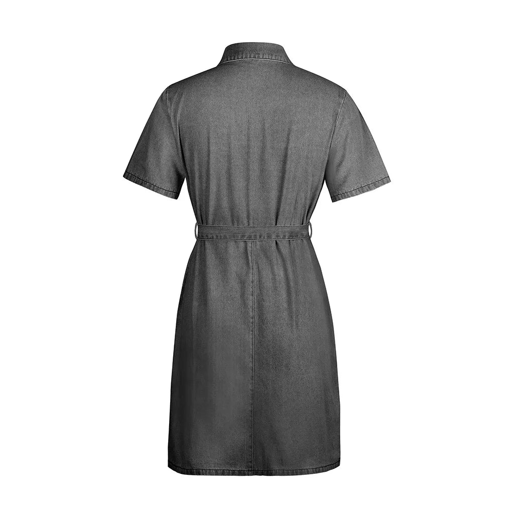 Denim Dresses Women Mini Dress Vintage Turn Down Collar Lace Up Zipper Pockets Distressed Summer Vestidos Streetwear 2025