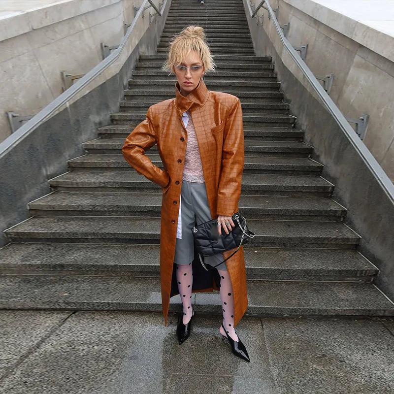 Fashion Croc Pattern PU Leather Women's Jacket Stand Collar Oversize Long Sleeve Chic Coat  2026 Autumn Winter New Daily Wear