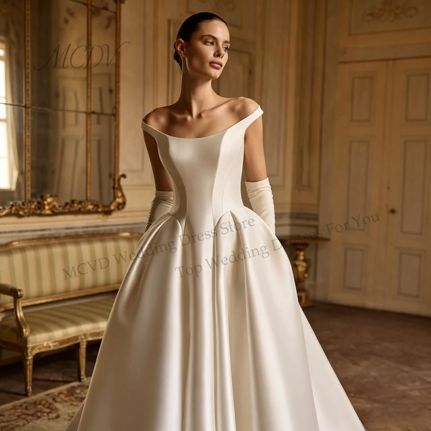 Minimalist Off Shoulder Satin Wedding Dress A Line Zipper Back Elegant Church Bridal Gowns For Women vestidos novias Customized