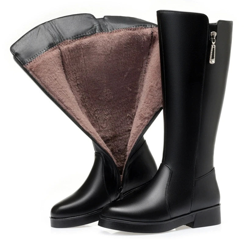 WOIZGIC Mother Female Women's Ladies Zipper Winter Genuine Leather Mid Calf Boots Shoes Plush Wool Warm Fur Snow Waterproof
