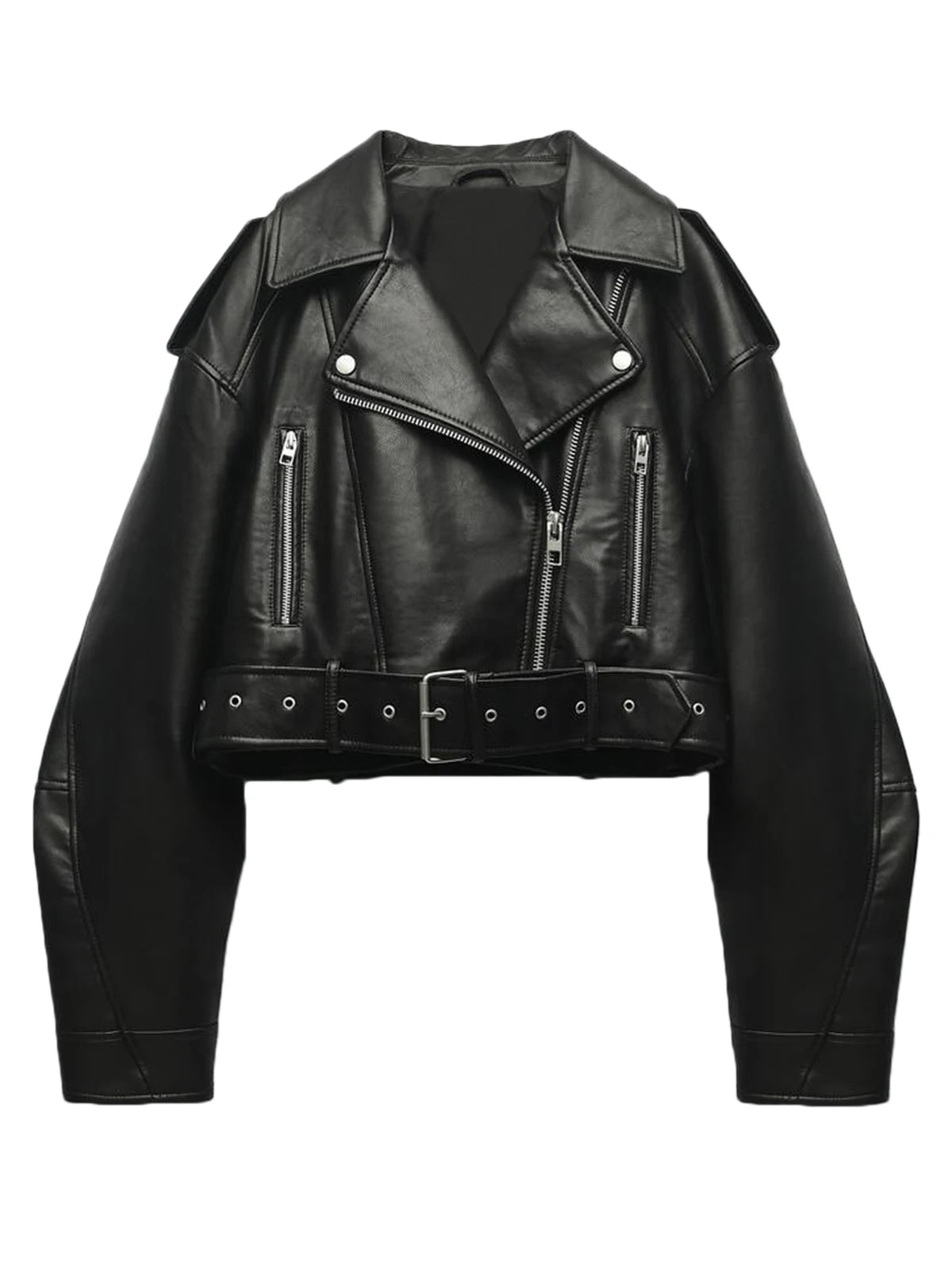Women Autumn Winter Loose Gray PU Faux Leather Short Jackets Belt Female High Street Zipper Retro Moto Biker Coats Outwear XS-XL