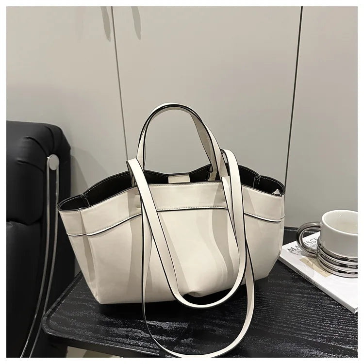 Solid Color Soft Leather Handbag Women Single Shoulder Tote Bag, Large Capacity Commuting Set Handbags Shopping Cross Body Bags