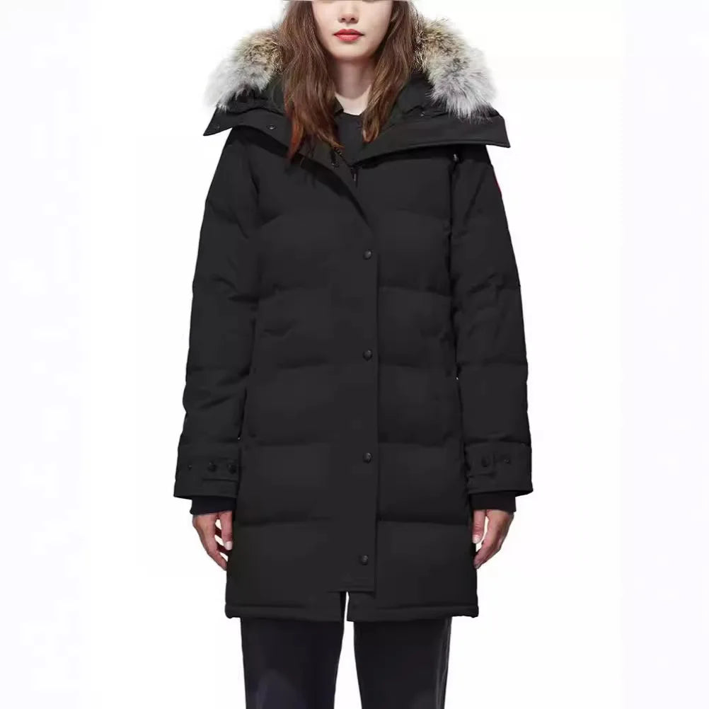 Shelburne Women's 15 Style down Jacket Hooded Wolf Fur Collar Thickened Long Sleeve Polyester Fabric White Duck down Coat