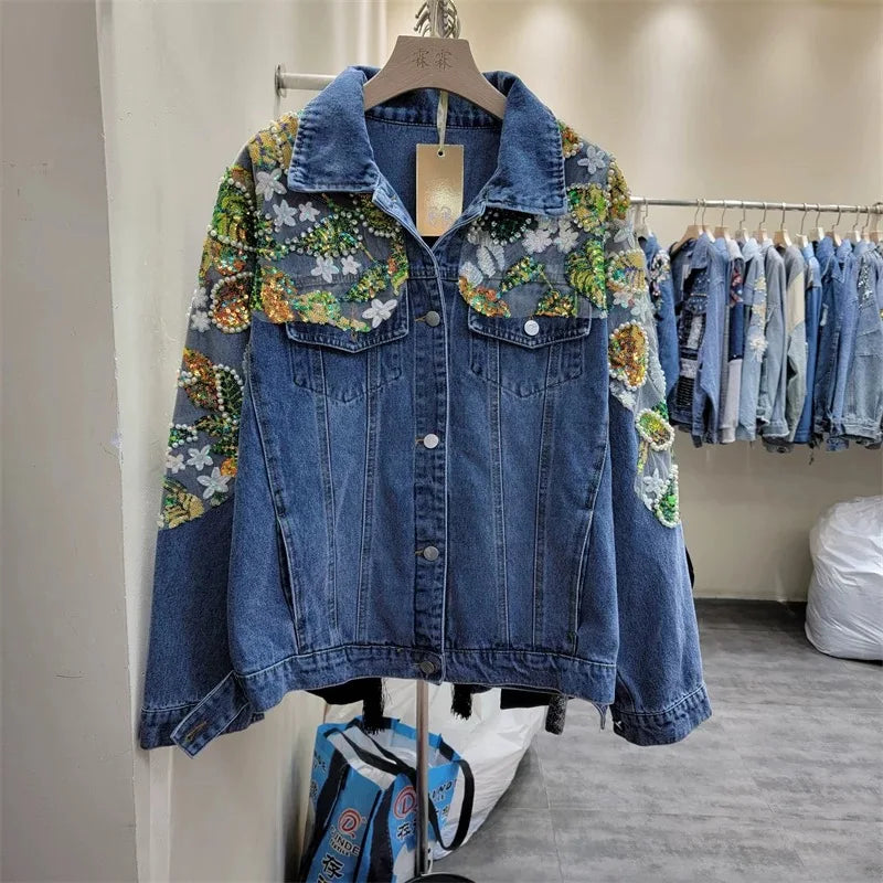 European and American style heavy industry embroidery splicing denim jacket 2025 new print loose casual denim women's jacket top