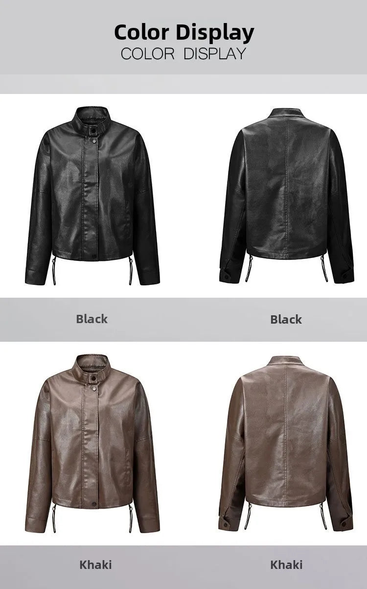Fashionable Short Casual 3D Leather Jacket Women's Stand Collar Leather Coat Autumn 2026 Thick Synthetic Leather No Brand