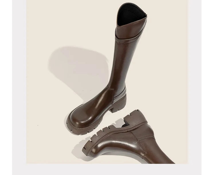 Fur Lining Women Knee High Boots Fashion Knight Long Booties Square High Heels Autumn Winter Warm Short Plush Shoes