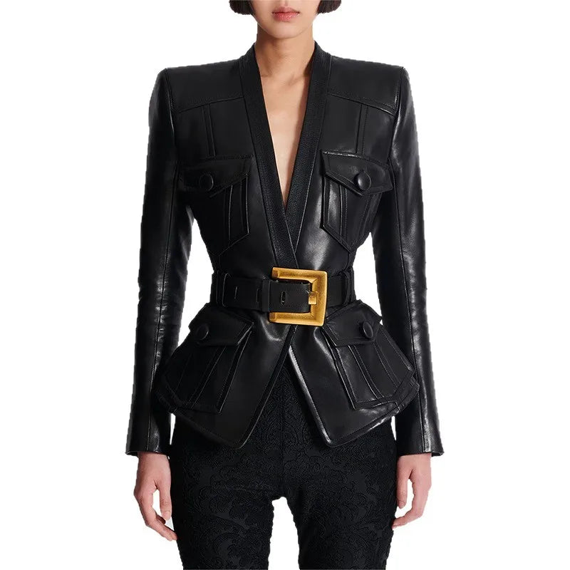 2026 new luxury and fashionable women's clothing belt slim fit leather jacket with multiple pockets motorcycle fashion jacket