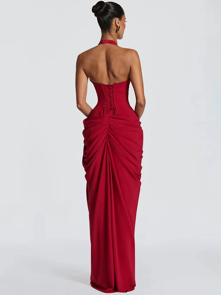 Mozision Wine Red Halter Deep V Maxi Dress Women Elegant Draped Ruched High Split Bodycon Cocktail Wedding Club Party Dresses