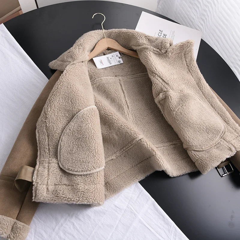 Winter Women Thick Warm Suede Lamb Jacket Short Motorcycle Brown Coats Faux Shearling Sheepskin Leather Jackets Outwear