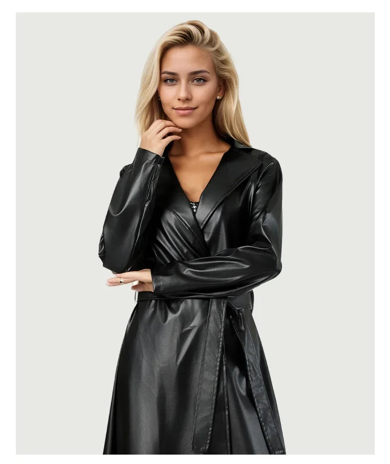 Women's Streetwear Windbreaker Black Tie Up Pu Leather Jackets For Women Fall Winter Windproof Anoraks Trench Coat For Women