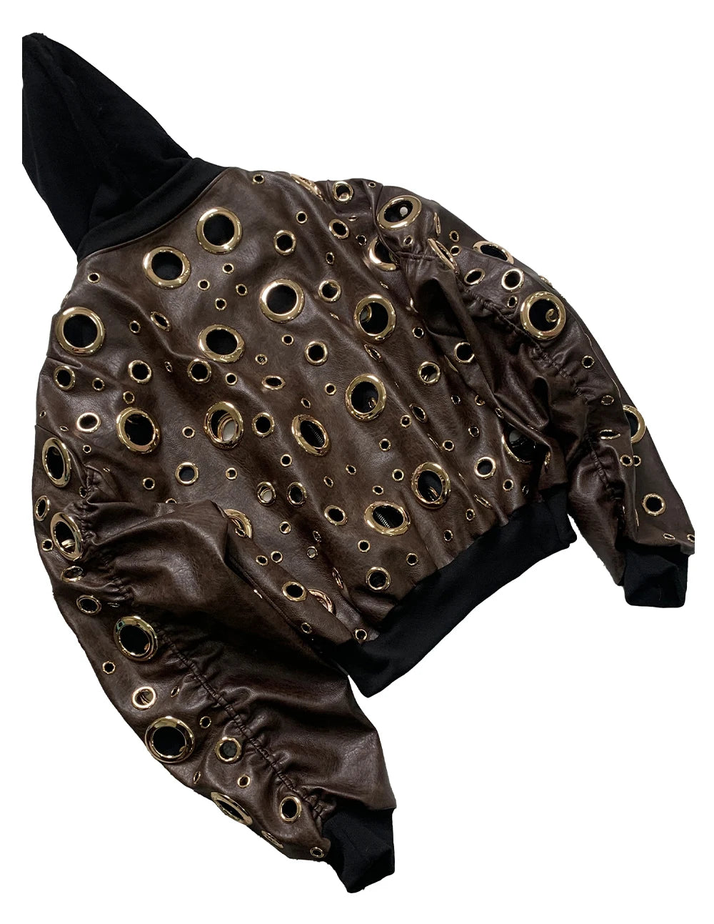 Nerazzurri Autumn Oversized Hollow Out Gold Pu Leather Jacket Men with Hood Hole Luxury Fake 2 Pieces Emo Menswear Clothing 2025