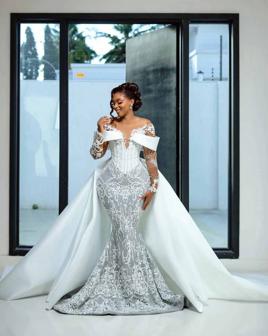 Off The Shoulder Mermaid Luxury Wedding Dresses Detachable Overskirt Long Lace Sleeves Bridal Dress Vestido De Novia Customized