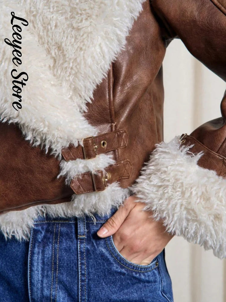 Women Brown Faux Leather Cropped Jacket  Lapel Collar Fur‑Trimmed Cuff Buckle Decor Zip‑Up Thick Warm Coat Lady Winter Outerwear
