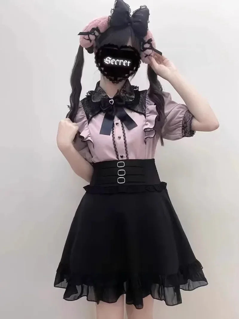 Jirai Kei Cosplay Costume Lolita Dress Blouse Y2K Kawaii Japanese Style Shirt Short Sleeve Pink Sweetheart Girl Halloween Party
