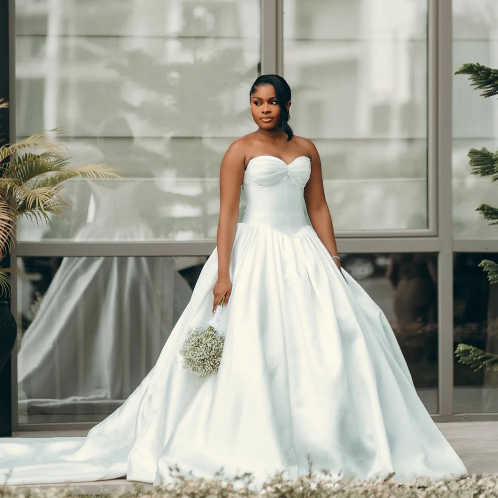 Simple White Wedding Dresses for Bride Sweetheart Drop-Waistline Corset Satin Summer Africa Bridal Ceremony Gown Customized