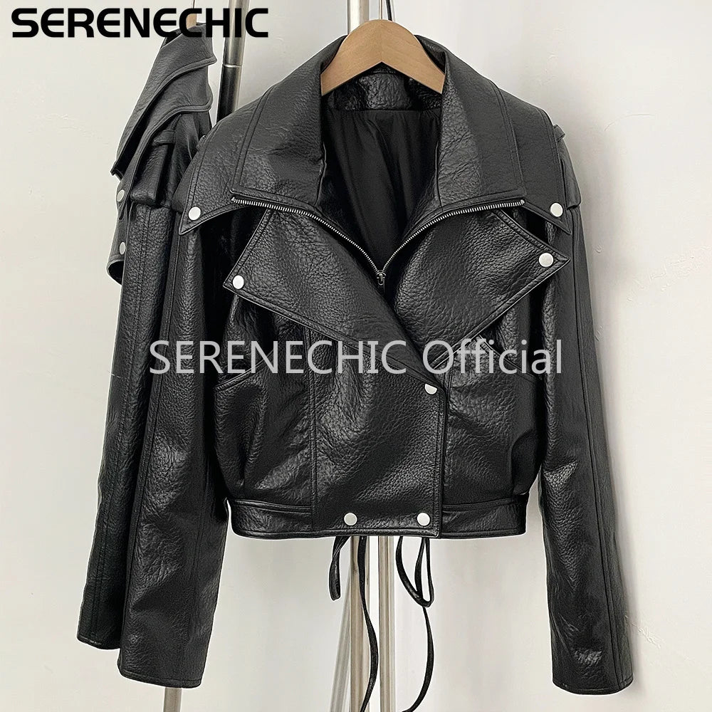 SERENECHIC Women's Black Faux Leather Cropped Moto Jacket Asymmetric Zip PU Biker Coat Female New Autumn Vintage Punk Outerwear