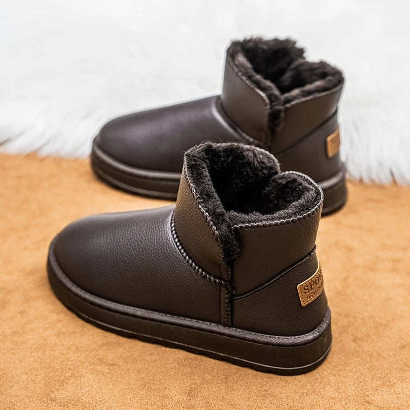 Couple Style Men's and Women's High-Top Leather Waterproof Snow Boots Plus Velvet Warm Boots and Cotton Shoes